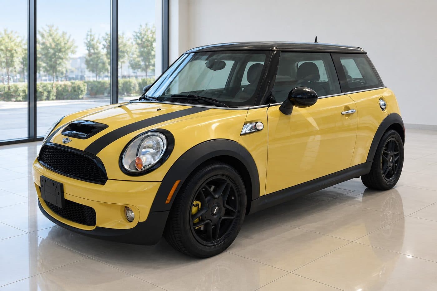 Mini Cooper S in the Glass showroom scene, created with CarStudio